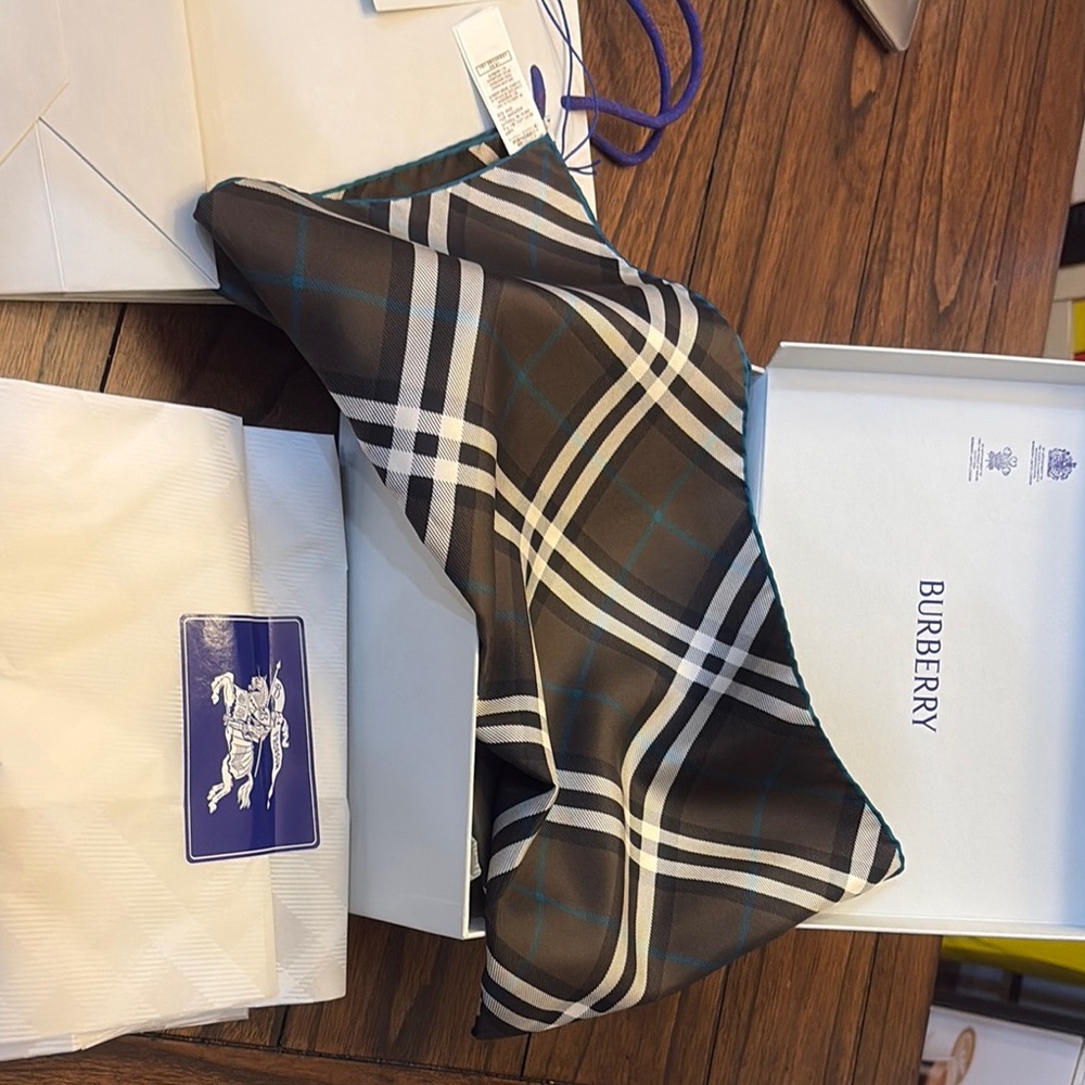 Burberry Brown and Black Pocket Square with Classic Plaid Design